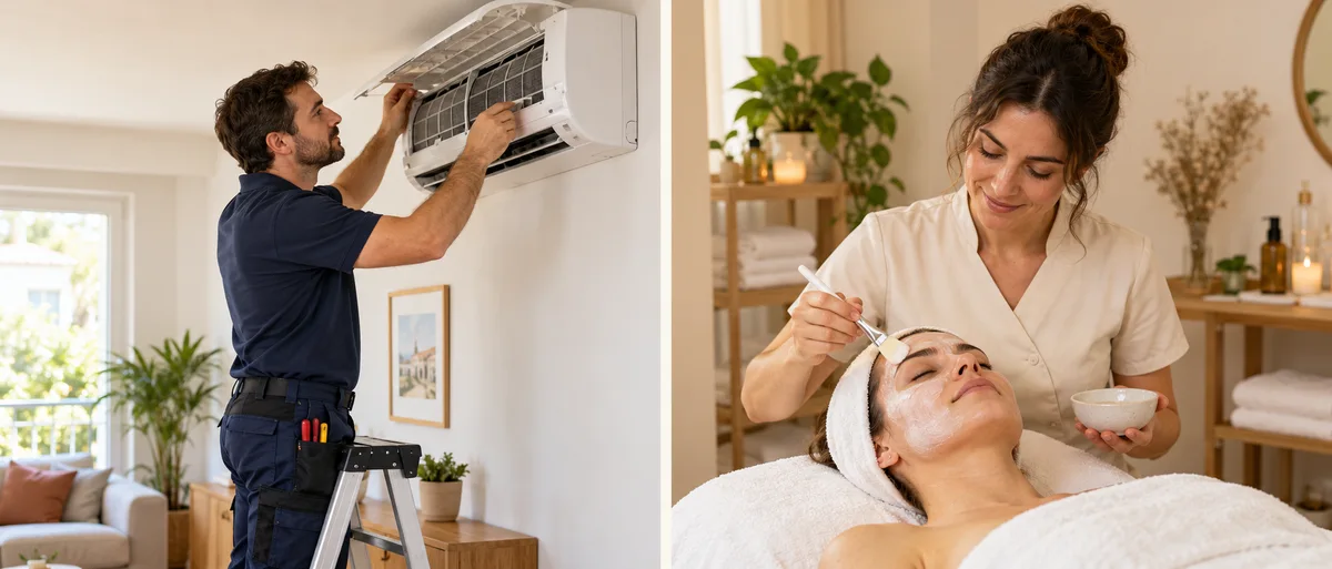 Dos escenas ilustrativas: un instalador revisa un aire acondicionado y una profesional de estética realiza un cuidado facial.