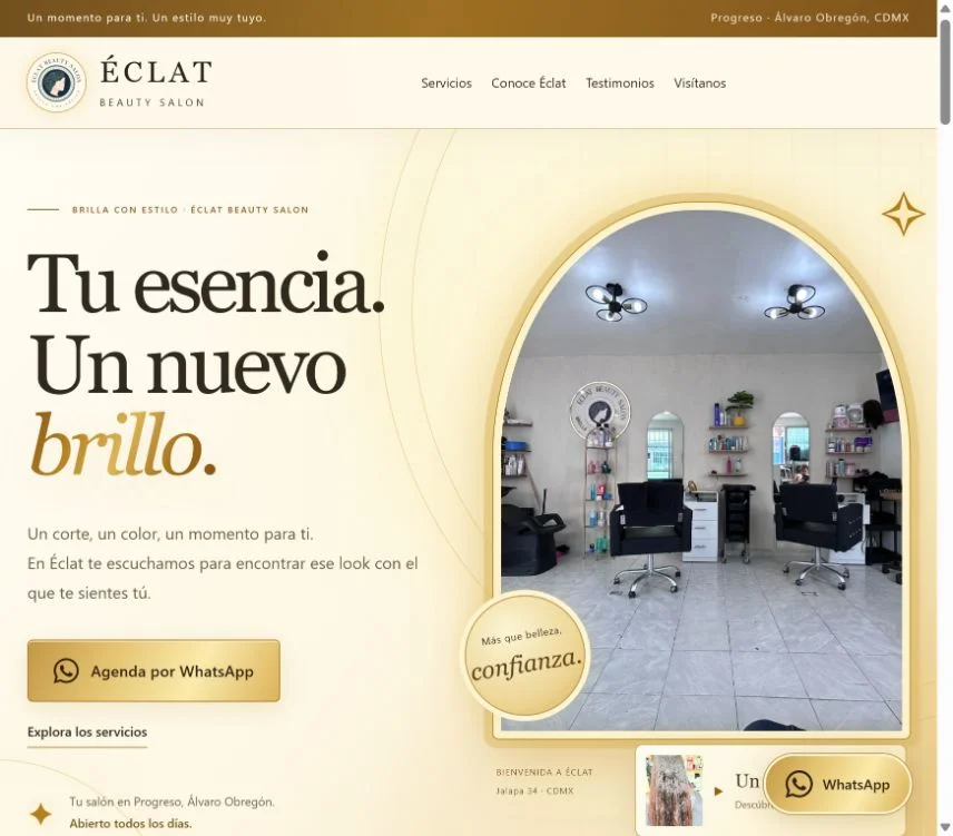 Portada de Éclat Beauty Salon, con su identidad dorada y una fotografía del salón.
