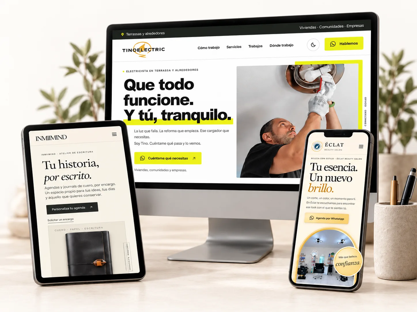 Tinoelectric en ordenador, Inmiimind en tablet y Éclat Beauty Salon en móvil: tres webs que muestran tres oficios.