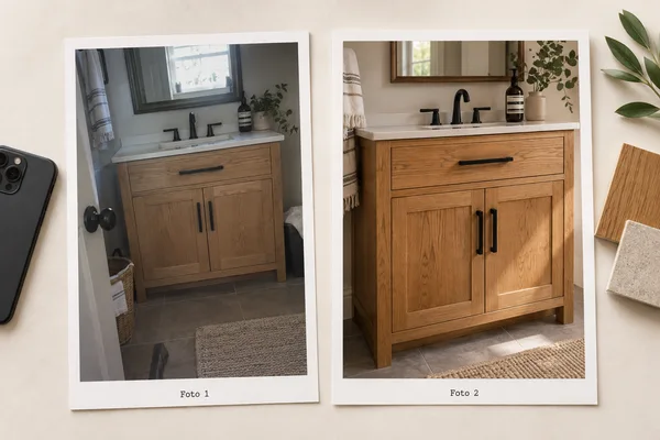 Comparación simulada de dos fotografías de un mueble de baño con encuadre y luz diferentes