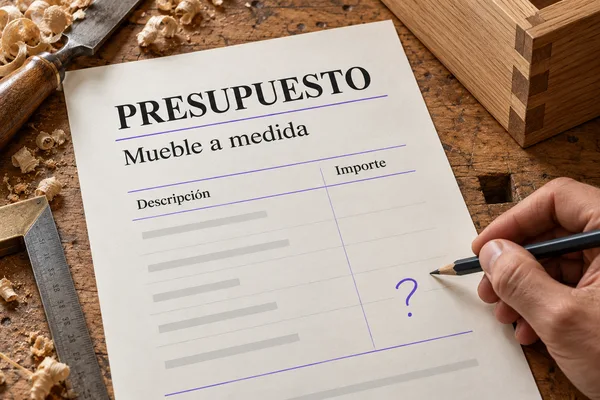Presupuesto ilustrativo de un mueble a medida, con importes por completar y un signo de interrogación