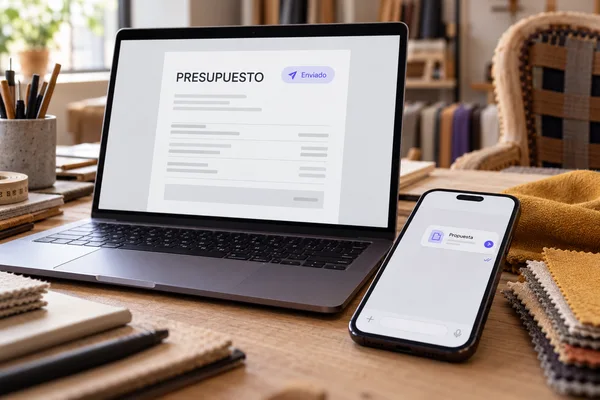 Presupuesto marcado como enviado y una conversación sin respuesta en un taller de tapicería