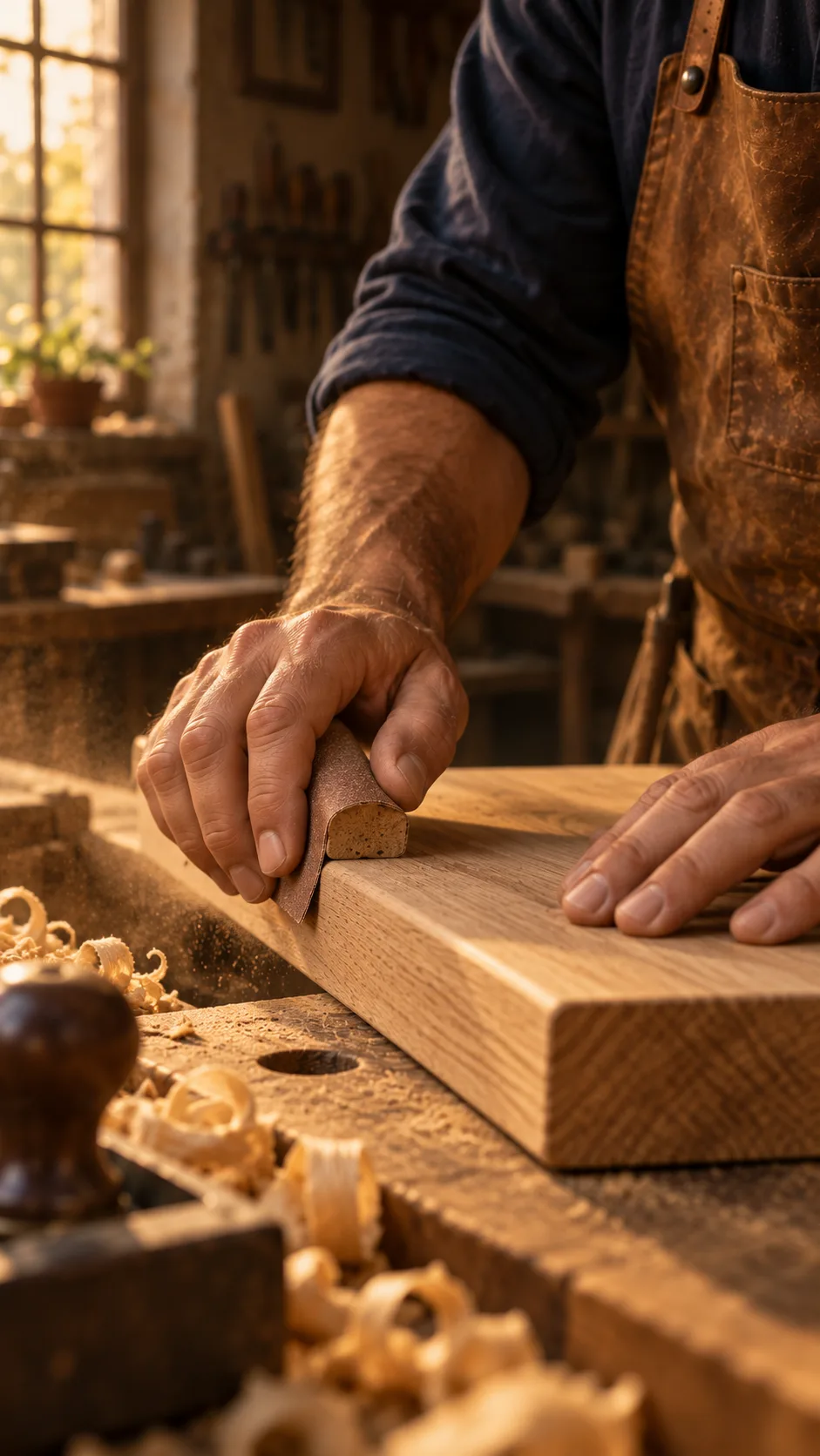 Escena ilustrativa de unas manos que lijan una pieza de madera en un taller.
