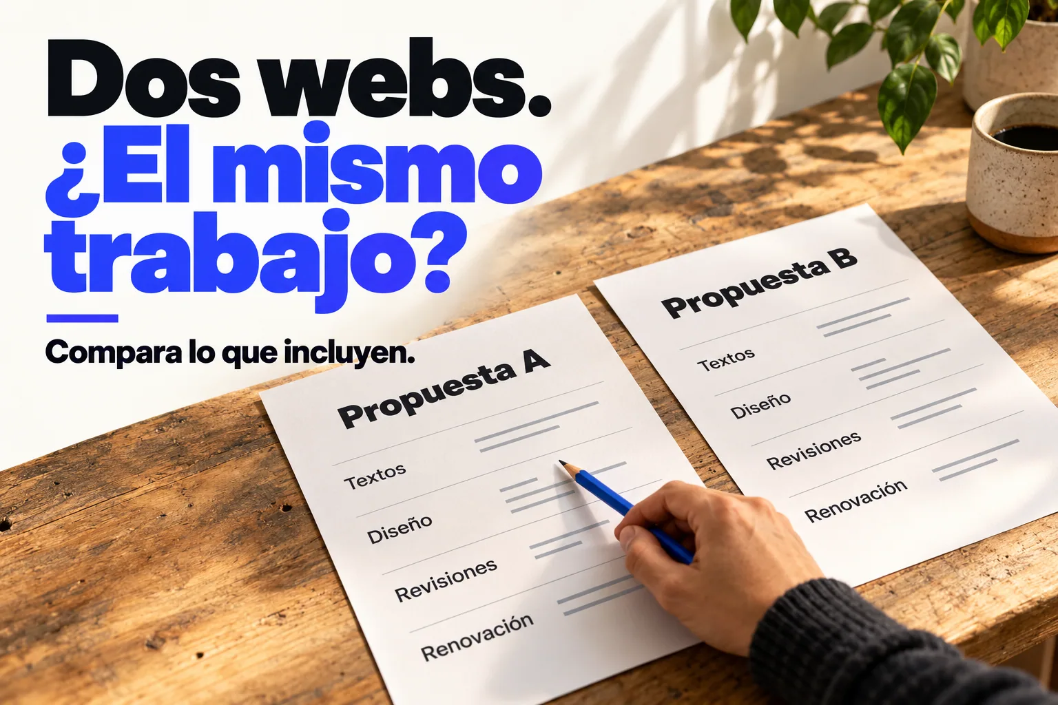 Dos webs, ¿el mismo trabajo? Dos propuestas ficticias comparan textos, diseño, revisiones y renovación.