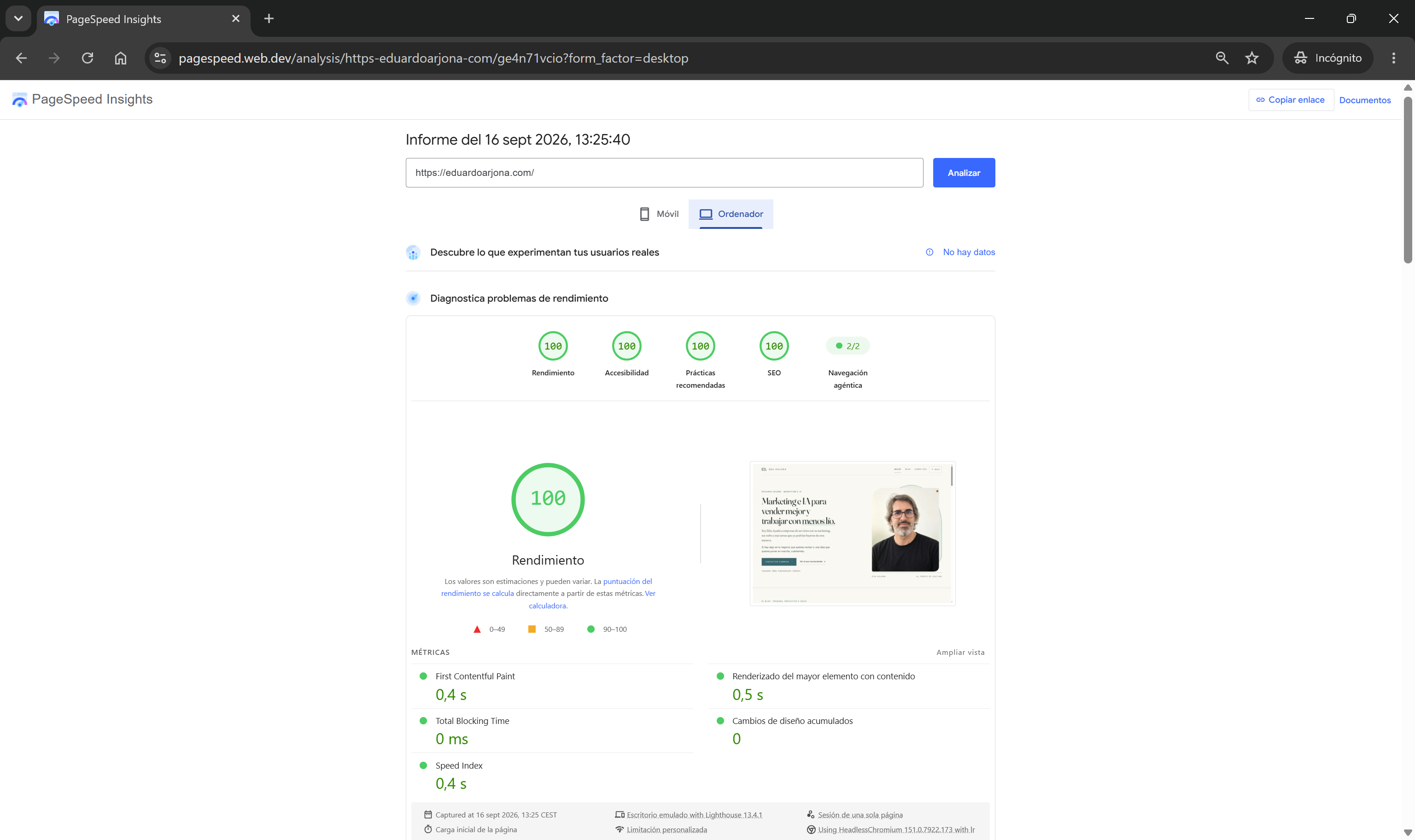 Informe de ordenador de PageSpeed Insights para eduardoarjona.com del 16 de septiembre de 2026: rendimiento, accesibilidad, buenas prácticas y SEO con 100 puntos.