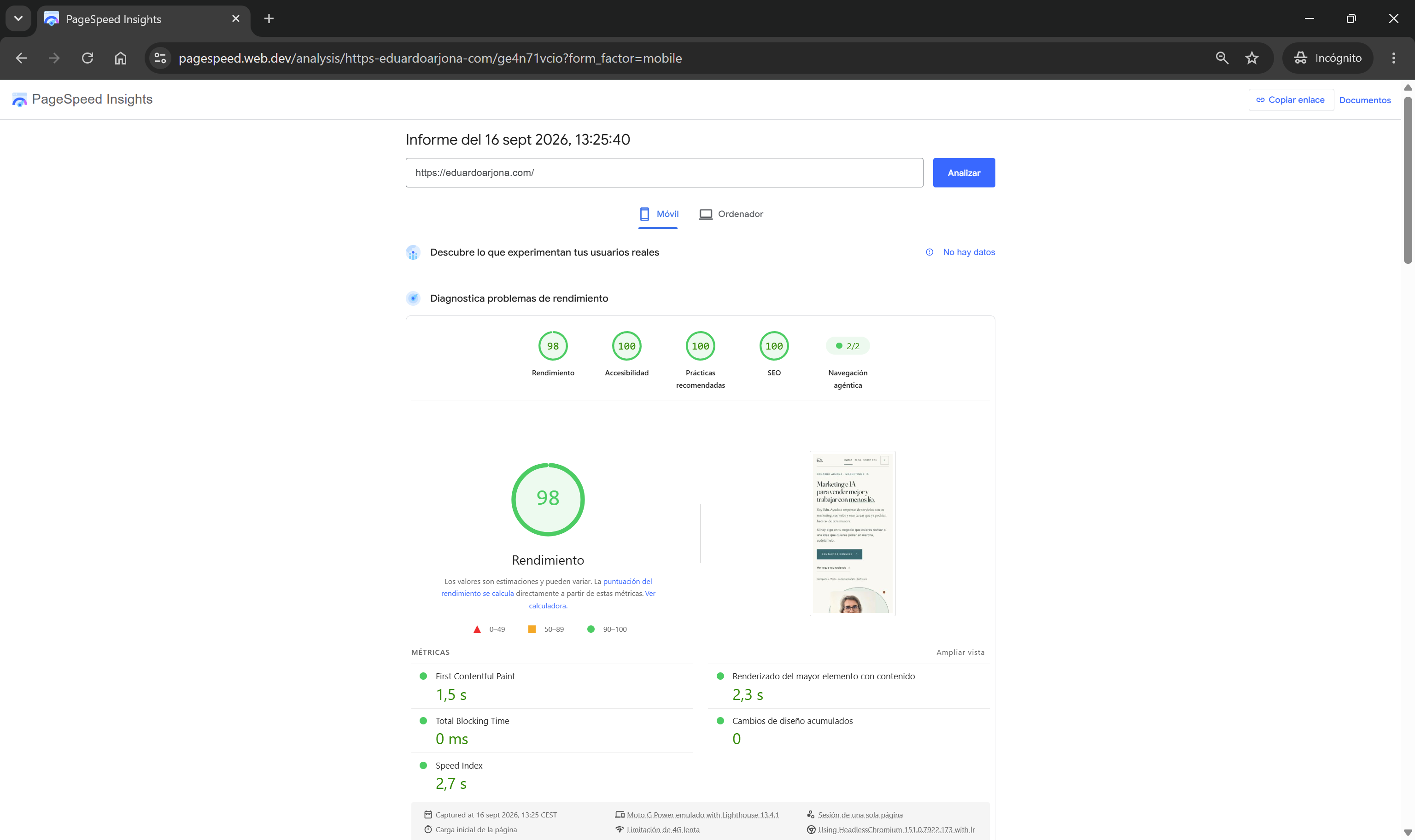Informe móvil de PageSpeed Insights para eduardoarjona.com del 16 de septiembre de 2026: rendimiento 98, accesibilidad 100, buenas prácticas 100 y SEO 100.