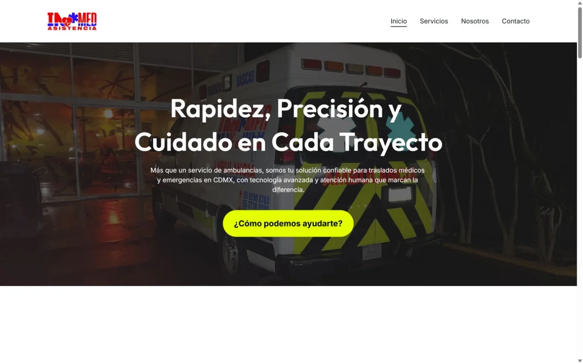Portada real de IAMED Ambulancias con una ambulancia y la presentación de sus servicios.