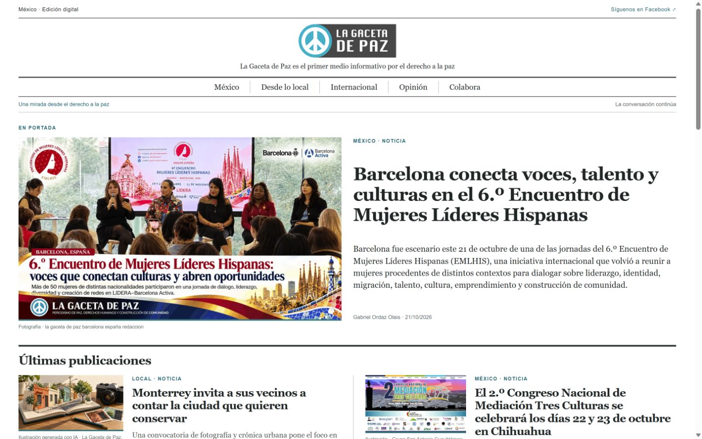 Portada editorial de La Gaceta de Paz, con acceso a sus secciones y artículos.